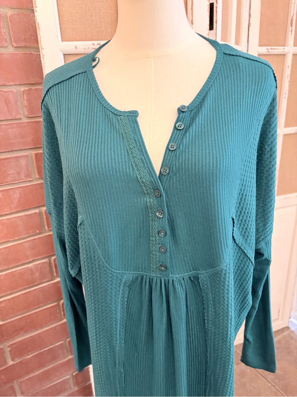 Free People NWT Teal Green Waffle Knit Ribbed Oversized Henley Tunic Top S